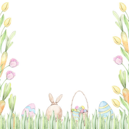 Easter frame with eggs, tulips and bunny. Watercolor illustration.