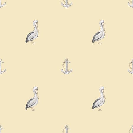 Seamless pattern with white pelican and anchor on a yellow backgroundの写真素材