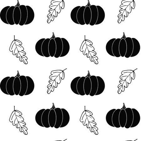 Seamless pattern with pumpkins and leaves on a white backgroundの写真素材