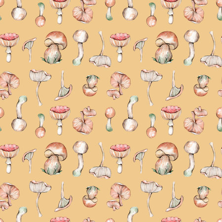 Seamless pattern with watercolor mushrooms. Hand-drawn illustration.の写真素材