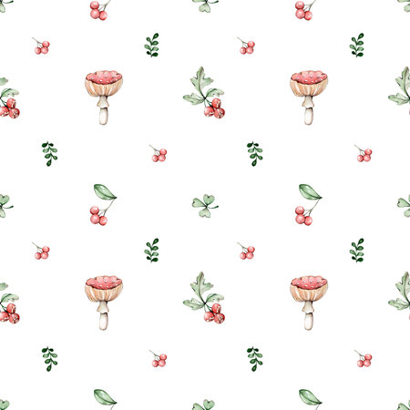 Watercolor seamless pattern with berries, leaves and mushrooms. Hand drawn illustrationの写真素材