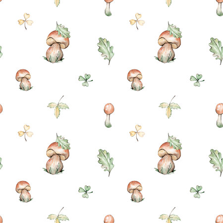 Seamless pattern with watercolor mushrooms. Hand drawn illustration.の写真素材