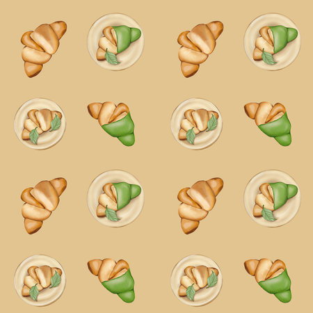 Seamless pattern with croissants on beige background.の写真素材