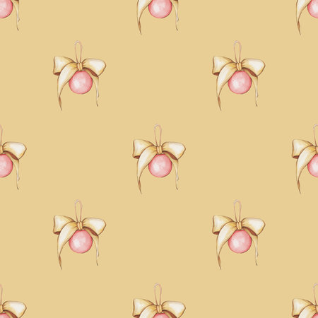 Seamless pattern with watercolor christmas ornament with bow on yellow backgroundの写真素材
