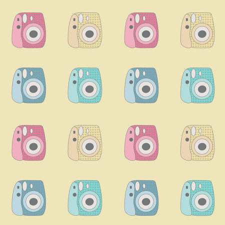 Set of colorful cameras isolated on a yellow background. Illustration in cartoon style.の写真素材