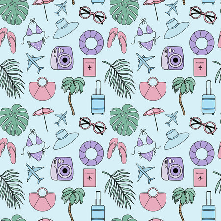 Seamless pattern with hand drawn summer icons. Vector illustration.
