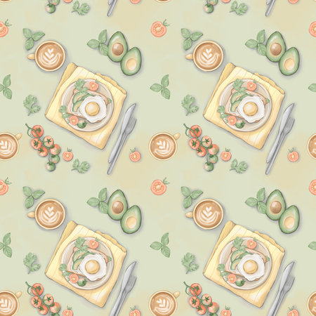 Seamless pattern with fried eggs and vegetables on a light green backgroundの写真素材