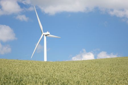 Wind turbine on a wheat field in Jutland, Denmark on a sunny summer day.