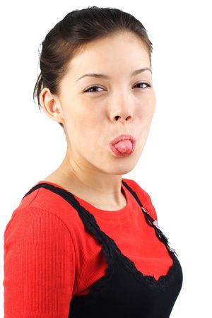 Tongue out mixed race asian / caucasian woman. Isolated on white background.の写真素材
