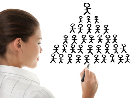 Pyramid scheme - business woman hand drawing pyramid scheme on whiteboard copy space with black marker penの写真素材