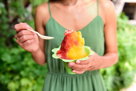 Shave ice - hawaiian shaved ice dessert. Close up of traditional local Hawaii dessert food.の写真素材