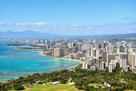 Honolulu and Waikiki beach on Oahu Hawaii. View from the famous Diamond Head hike from Diamond Head...