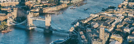Aerial panoramic view from above of London city and the River Thames, England, United Kingdom UK....