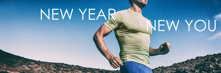 New Year New you Fitness resolution for man - Banner panorama crop of athlete runner running for...