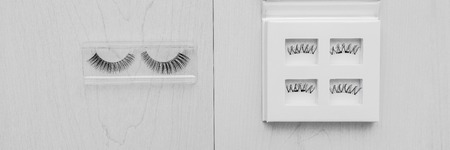 Falses eyelashes banner panorama of glue application vs fake magnetic eyelash product from beauty...