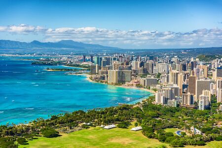 Honolulu city view from Diamond Head lookout, Waikiki beach landscape background. Hawaii travel.の写真素材