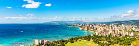 Hawaii panoramic banner view of Honolulu Waikiki beach USA summer travel vacation. Famous american honeymoon destination.の写真素材