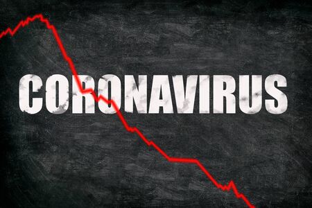 Coronavirus stock market crashing. Corona virus crash causing new financial crisis and bear market recession and economic downturn. Negative graph of stocks on black blackboard billboard.の写真素材