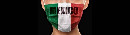 Mexico flag Coronavirus design on mask doctor wearing preventive COVID-19 protection with text panoramic banner black background.の写真素材