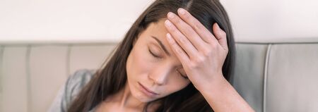 COVID-19 fever Asian woman touching forehead fainting panoramic banner. Coronavirus symptoms...
