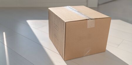 Home delivery cardboard box package delivered at doorstep on floor of entrance door. Parcel shipping for retail online shopping businesses.の写真素材
