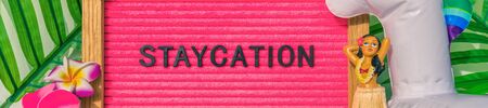 Staycation banner sign for summer vacation plans during COVID-19. Funny pink felt board text for staying home for the holidays. What to do this summer without traveling.の写真素材