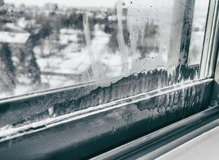 Home window frost in winter.の写真素材