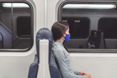 Woman pensive looking out the window during train commute wearing face mask in public...