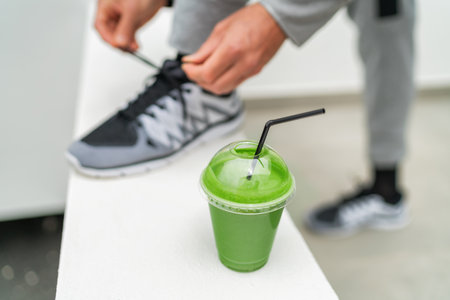 Healthy green smoothie food for detox eating lifestyle fit athlete man getting ready tying running shoes laces for morning walk jog drinking juice vegan diet for weight loss man training run workoutの写真素材