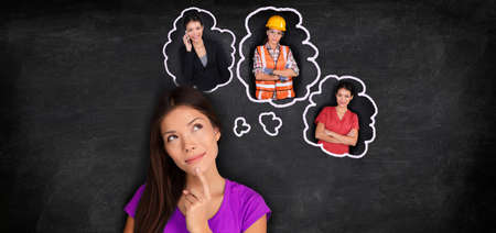 Career choice student thinking of choosing future job employement options banner panorama. Asian...