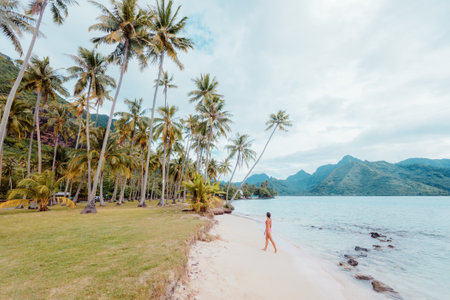 Travel destination Moorea island Nature paradise in French Polynesia. Woman tourist walking on beach in Tahiti vacation, palm trees and ocean landscape backgroundの写真素材