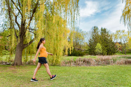Prenatal workout pregnant woman walking outside in park living an active lifestyle during pregnancy. Daily walks during summer outdoorの写真素材