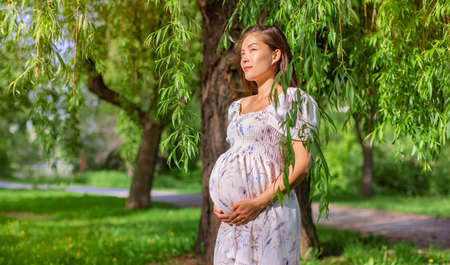Pregnant Asian beauty woman in summer park. Natural pregnancy girl wearing maternity dress clothes in nature landscape backgroundの写真素材