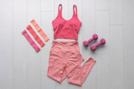 Fitness clothes flat lay workout at home with resistance bands and dumbbell weights. Pink athleisure...