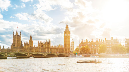 London UK Big Ben Westminster Parliament travel icon in british city cityscape at summer sunset,...