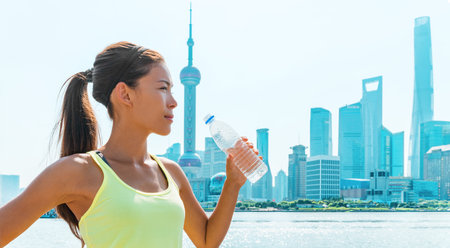 Healthy active lifestyle runner girl drinking water bottle at Shanghai skyline fitness Asian woman thirsty on summer heat. China panoramic banner. Health and sportsの写真素材