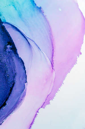 Alcohol ink. Artistic bright splash. Liquid artwork. Purple marble texture. Abstract ethereal swirl....