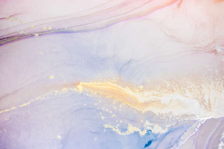 Aabstract fluid art painting in alcohol ink technique, mixture blue, red and gold paints. Marble...