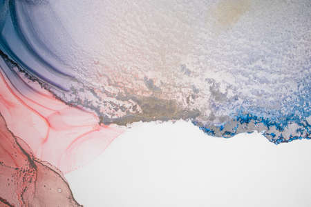 Aabstract fluid art painting in alcohol ink technique, mixture blue, red and gold paints. Marble stone glowing golden veins. High resolution. Frozen paint mixes, weaves incredible patterns and spots.の写真素材