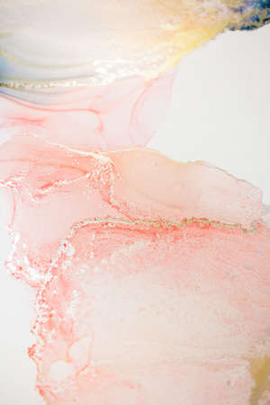 Aabstract fluid art painting in alcohol ink technique, mixture blue, red and gold paints. Marble...