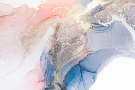 Aabstract fluid art painting in alcohol ink technique, mixture blue, red and gold paints. Marble...