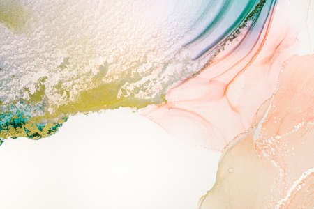 Abstract fluid art painting in alcohol ink technique, mixture blue, red and gold paints. Marble stone glowing golden veins. High resolution. Frozen paint mixes, weaves incredible patterns and spots.の写真素材