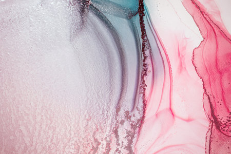 Abstract fluid art painting in alcohol ink technique, mixture blue, red and gold paints. Marble stone glowing golden veins. High resolution. Frozen paint mixes, weaves incredible patterns and spots.の写真素材