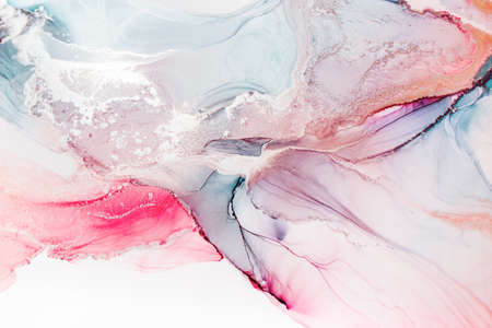 Abstract fluid art painting in alcohol ink technique, mixture blue, red and gold paints. Marble...