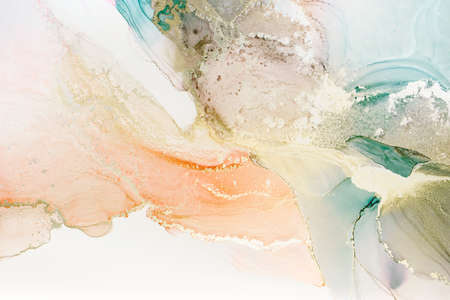 Abstract fluid art painting in alcohol ink technique, mixture blue, red and gold paints. Marble...