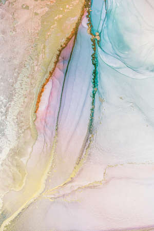 Abstract fluid art painting in alcohol ink technique, mixture blue, red and gold paints. Marble...