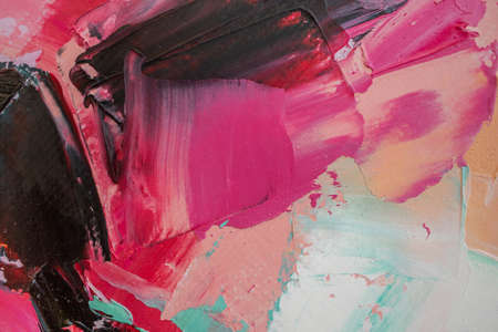 Oil painting in multicolored tones. Conceptual abstract closeup of a painting by oil and palette knife on canvas. The picture is painted in oil.の写真素材