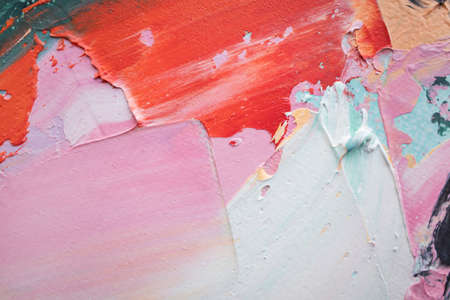 Conceptual abstract closeup of a painting by oil and palette knife on canvas. Oil painting in multicolored tones. The picture is painted in oil.の写真素材