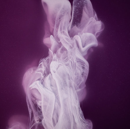 Abstract fluid acrylic painting. Marbled abstract white Ink cloud on violet background. Liquid marble pattern. Modern art.の写真素材