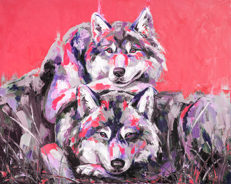 Oil wolf portrait painting in multicolored tones.